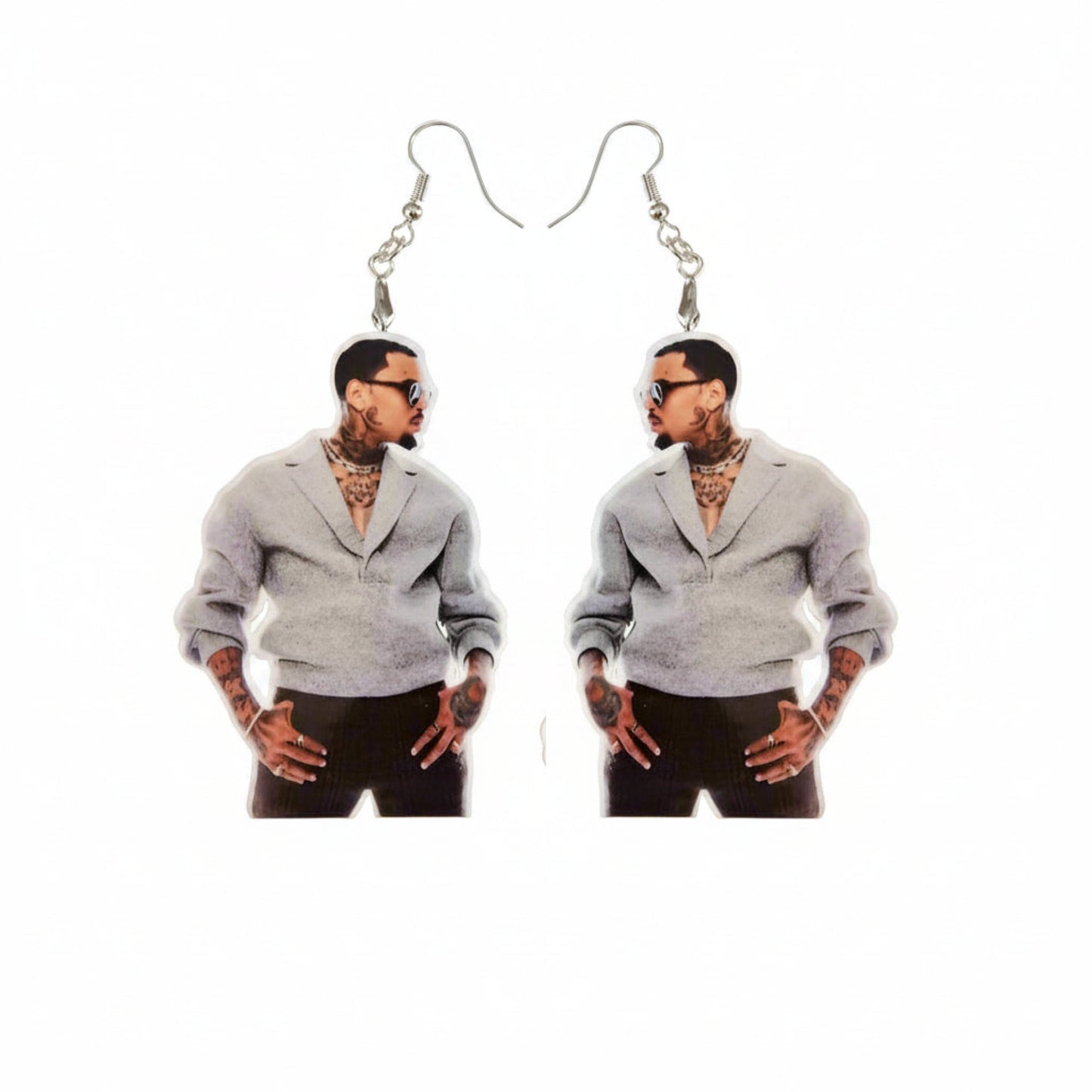 Chris Brown portrait dangle earrings featuring artist in gray sweater and sunglasses
