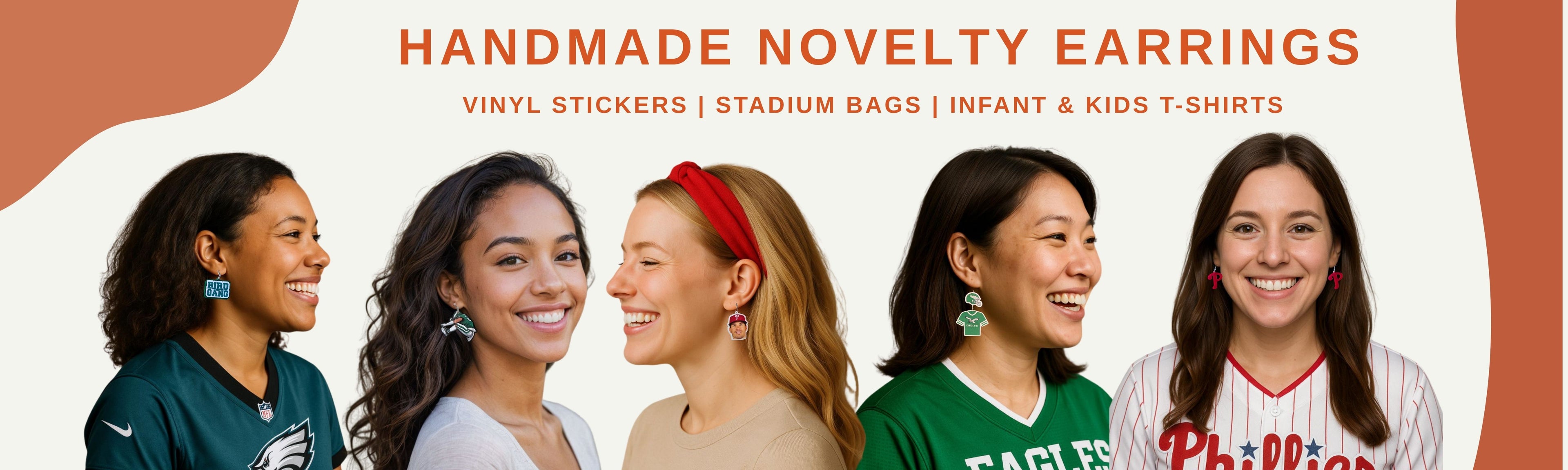 Promotional banner for handmade novelty earrings with woamen wearing nfl sports earrings.