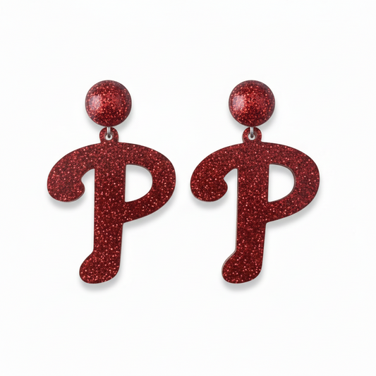 Phillies Red Letter P Earrings Red Glitter