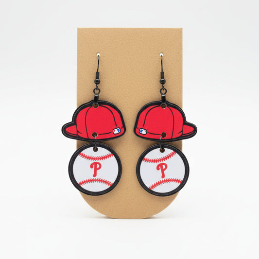 Philadelphia Phillies red cap earrings with dangling baseball charm