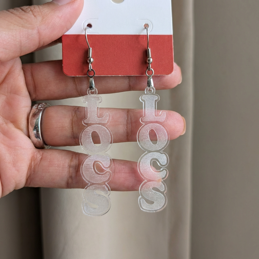"Glass Look" Clear Acrylic Word Dangle Earrings