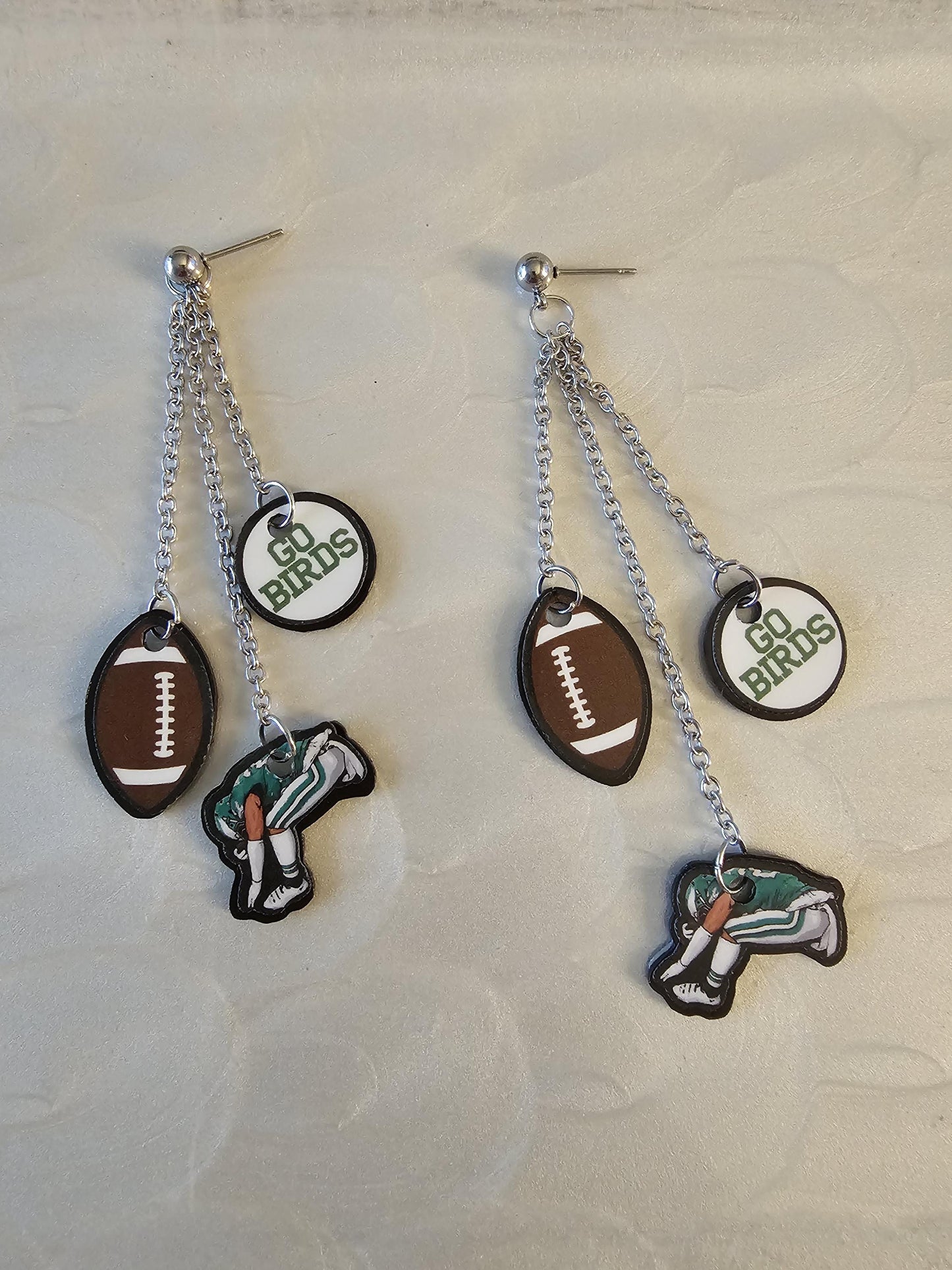 Philadelphia Eagles Saquon Barkley Hurdle Charm Earrings, 3 non-adjustable charms chain silver ball Post