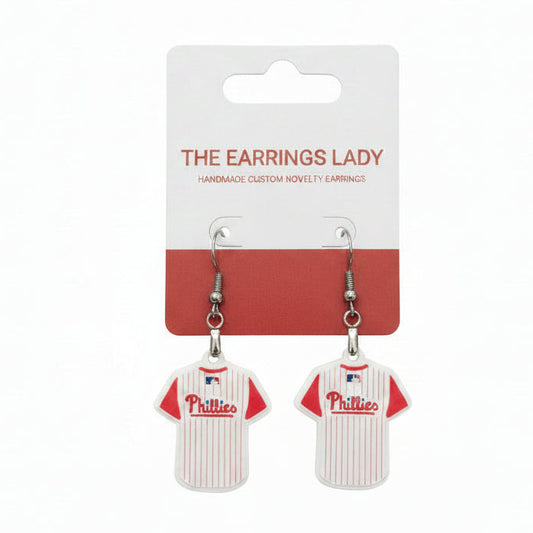 A pair of Philadelphia Phillies baseball jersey-shaped dangle earrings 