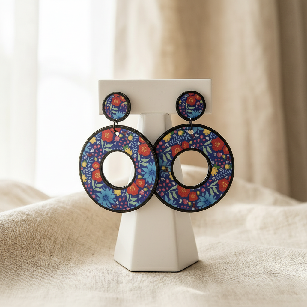 Colorful floral earrings on a white stand with a neutral background