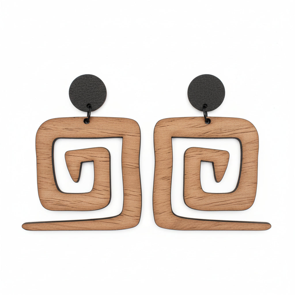 Boho dangle earrings, natural wood jewelry, square spiral earrings, handmade novelty earrings.