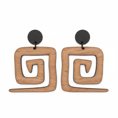 Boho dangle earrings, natural wood jewelry, square spiral earrings, handmade novelty earrings.
