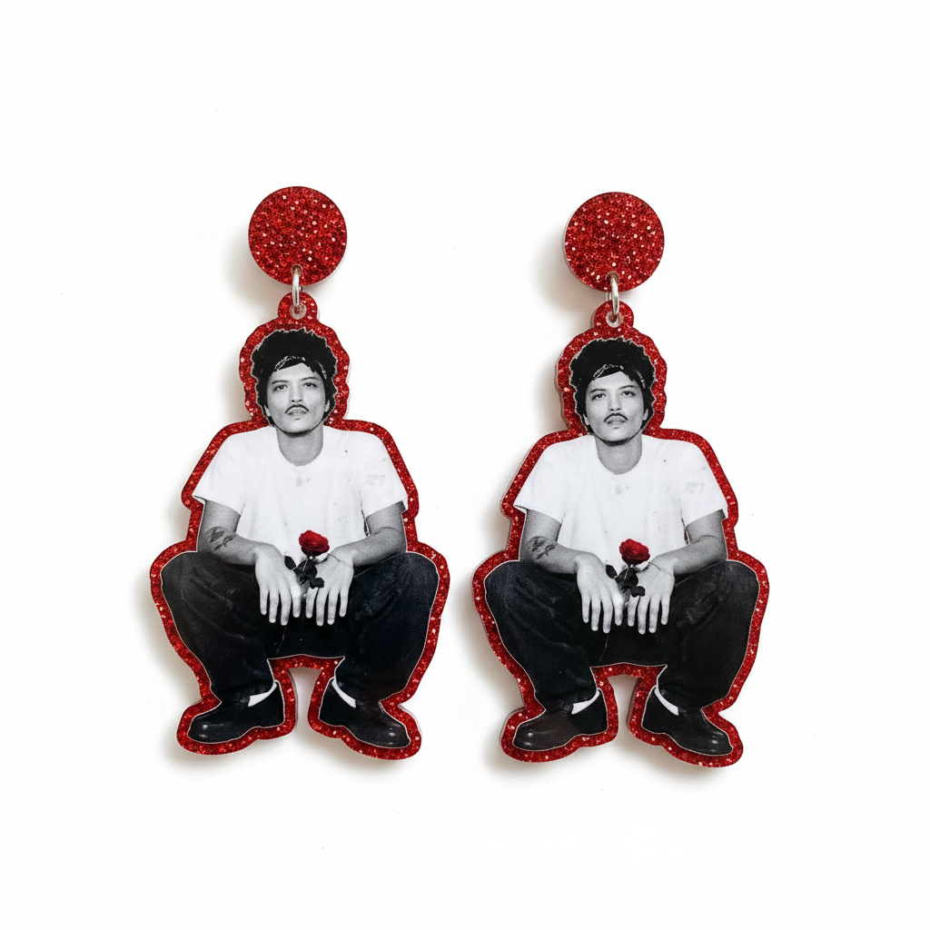 Earrings with burno mars holding a rose on a marble surface
