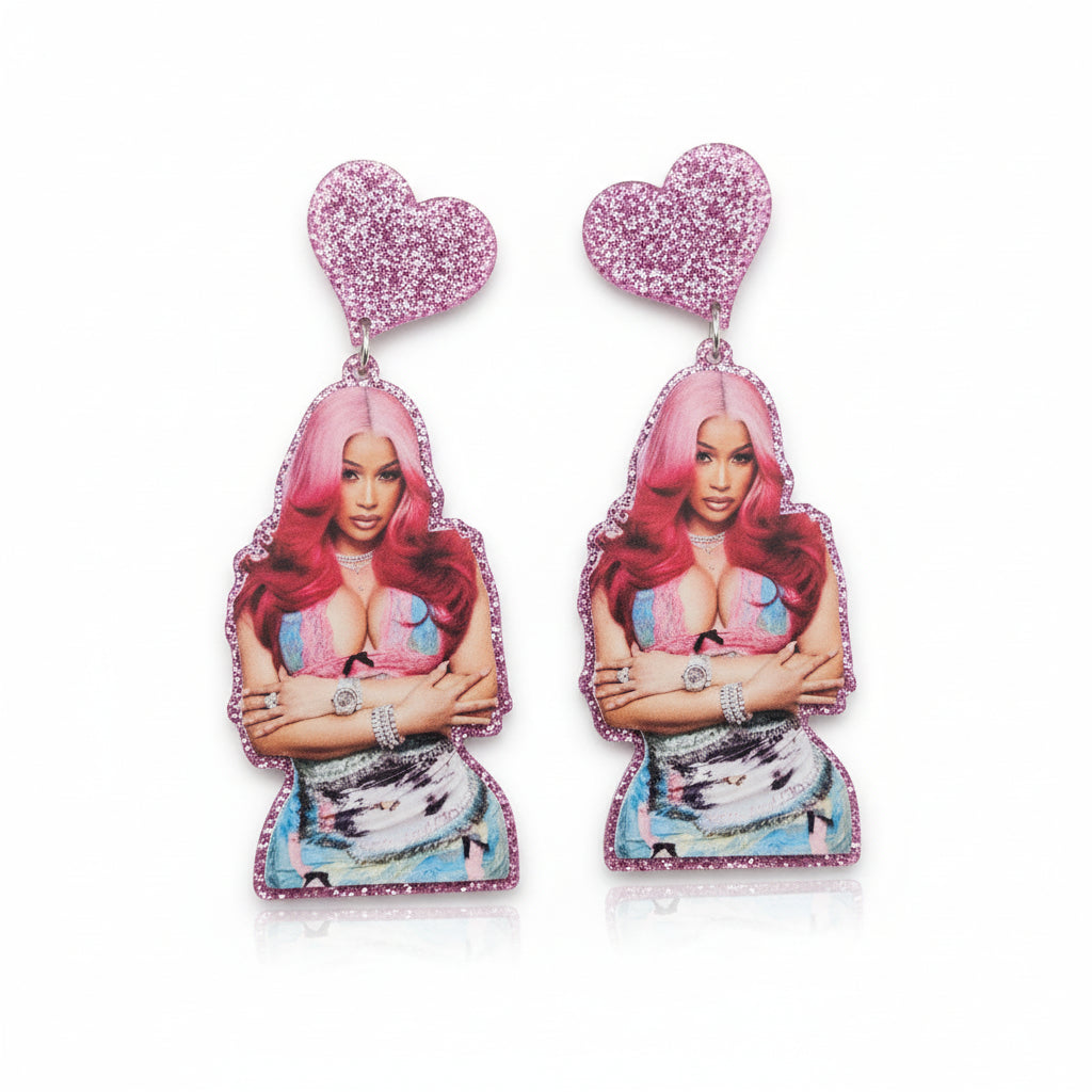 Earrings with a heart design and a Cardi B 