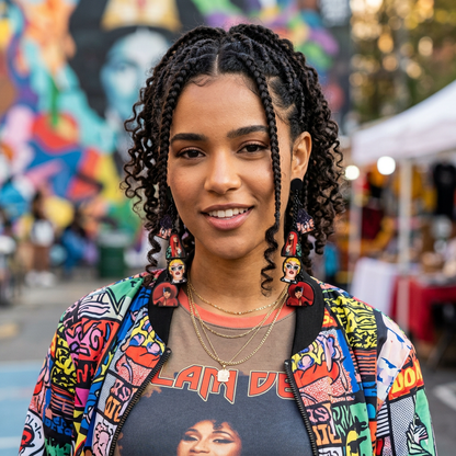 Woman wearing a colorful jacket with a graphic design, standing in an outdoor setting with blurred background