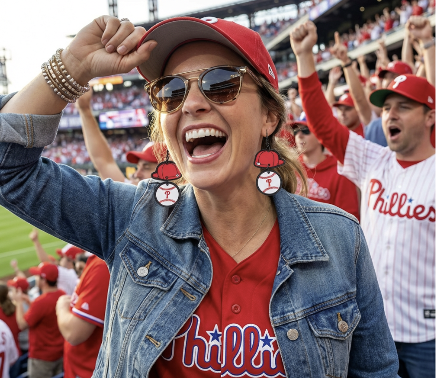 Cheering Fan wearing Phillies Earrings
