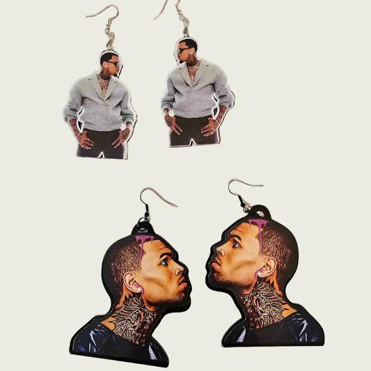 Two pairs of earrings with images of a person on a light gray background