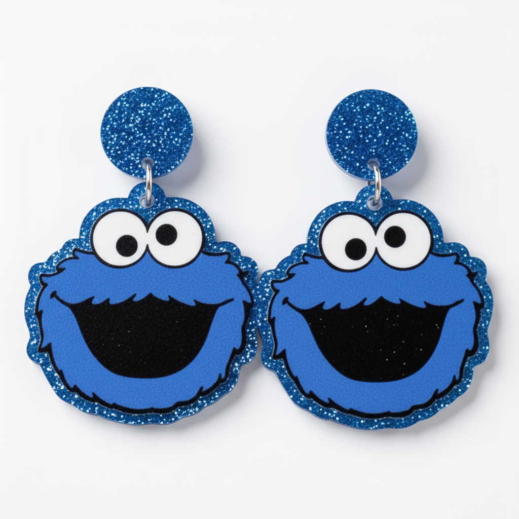 Cookie Monster, Sesame Street, Blue, Glitter, Funny Earrings
