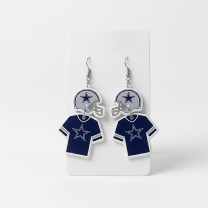 Dallas Cowboys-themed earrings on a white card with a white background