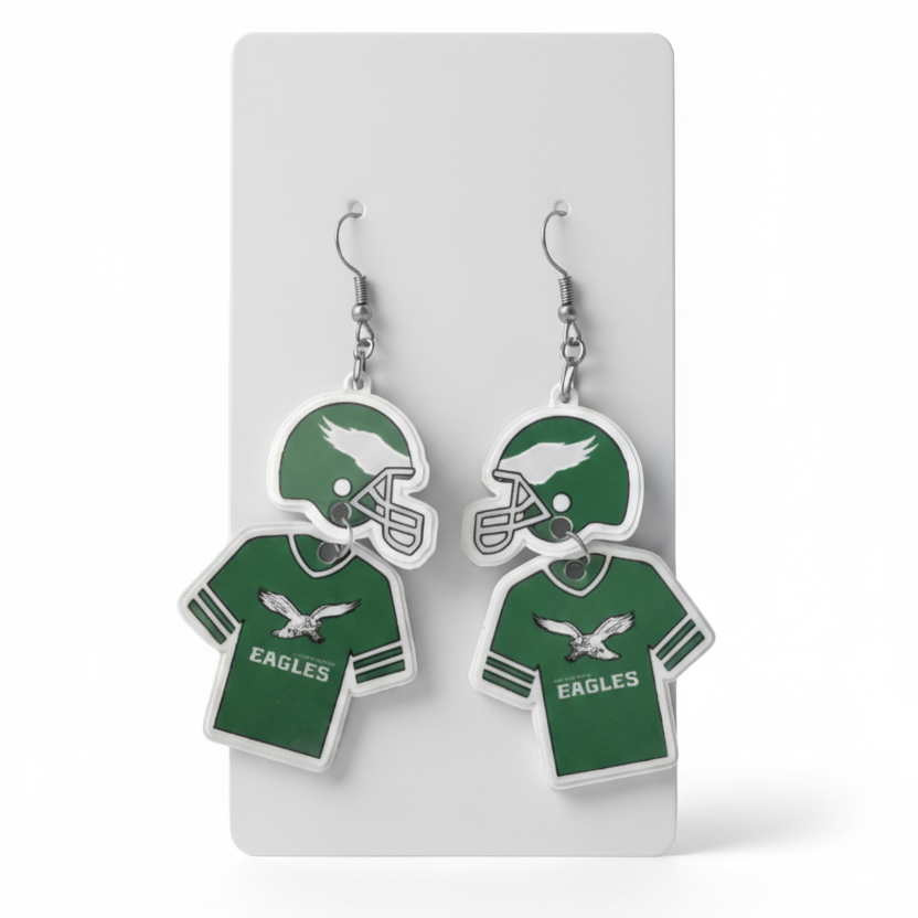 Eagles Kelly Green Football helmet and jersey dangle earrings.