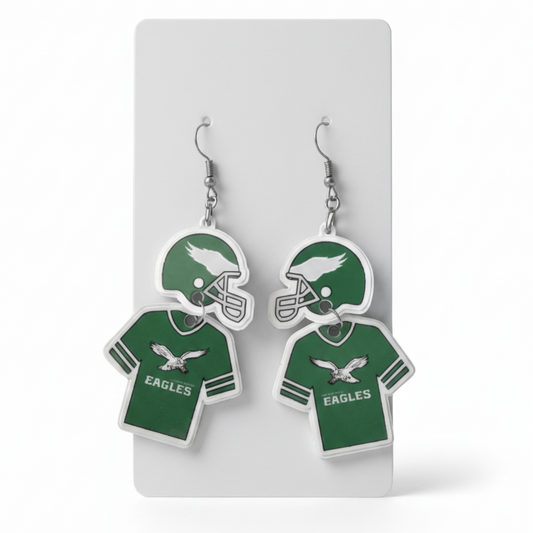 Eagles Kelly Green Football helmet and jersey dangle earrings.