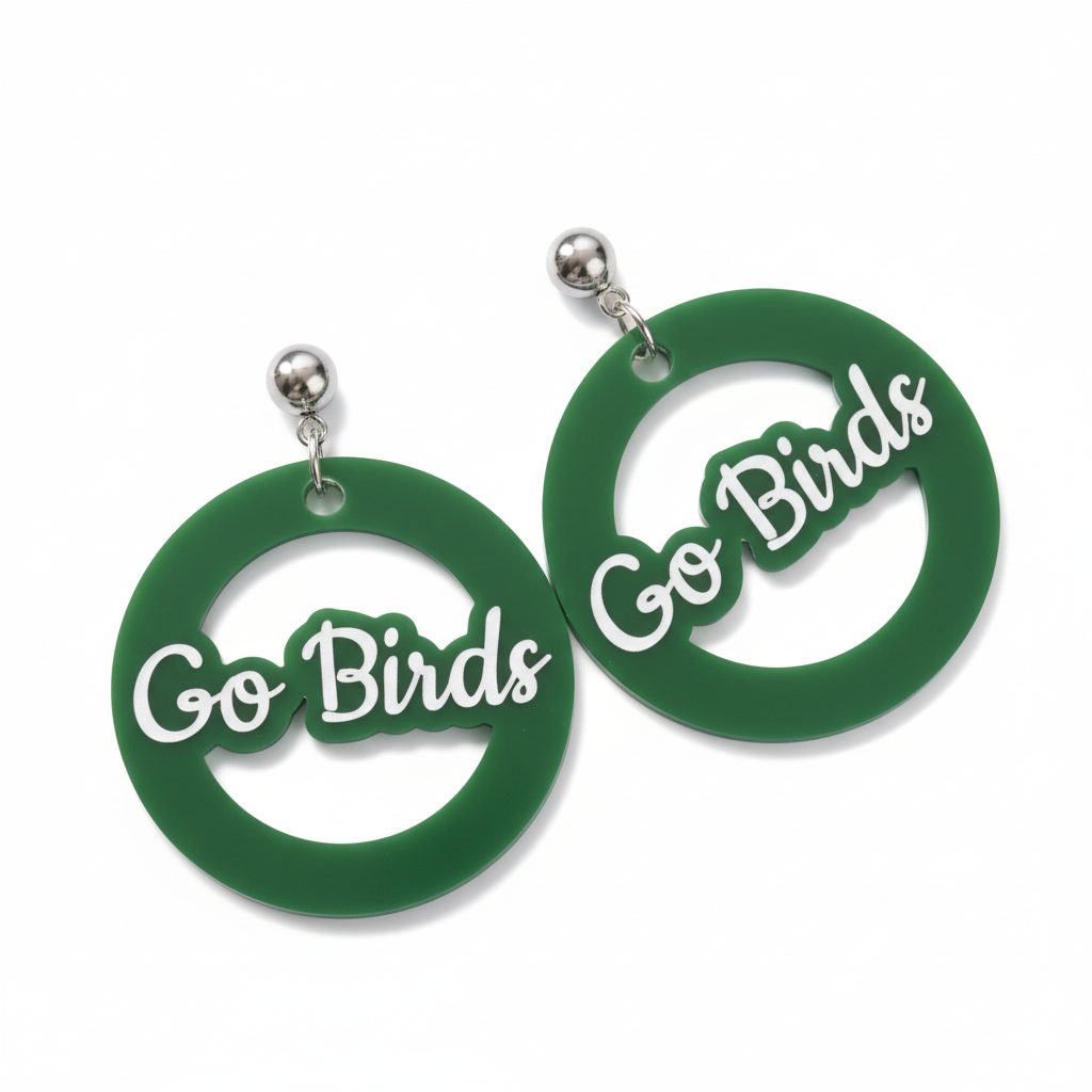Set of earrings with 'Go Birds', 'Go Phils', and 'Bird Gang' text in red and green on a white background.