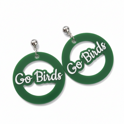 Set of earrings with 'Go Birds', 'Go Phils', and 'Bird Gang' text in red and green on a white background.