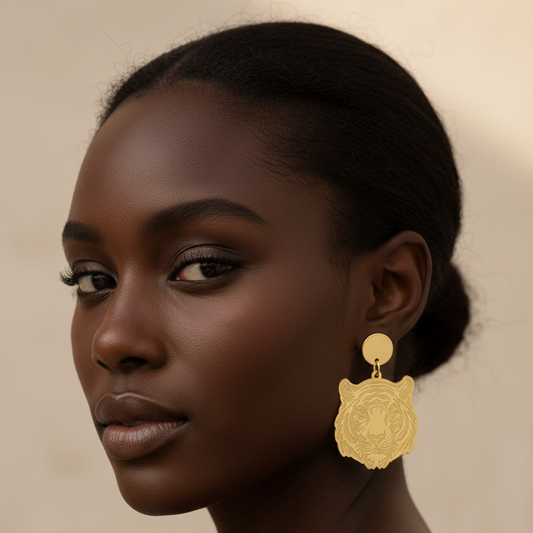 Gold Etched Tiger Head Statement Earrings