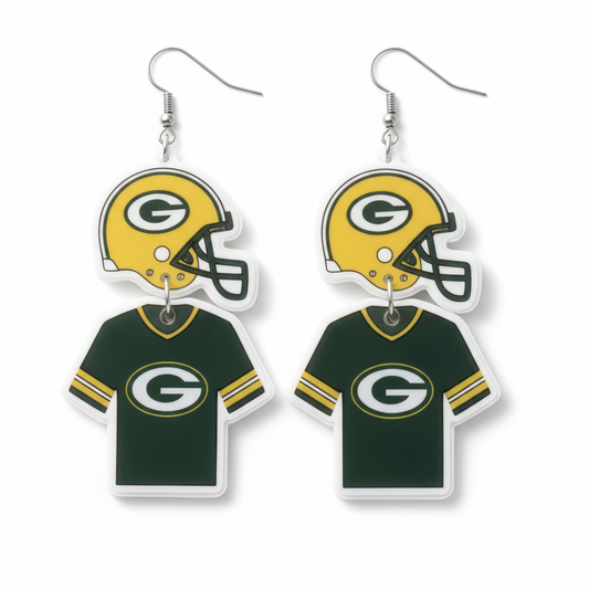 Green Bay Packers-themed earrings with helmet and jersey design on a white background