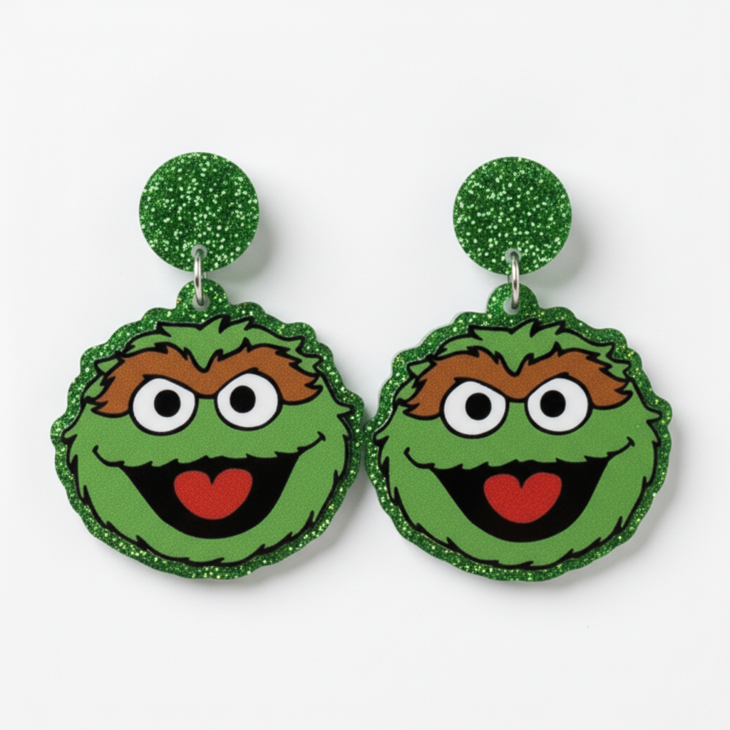 Oscar the Grouch, Sesame Street, Green, Glitter, Unique Earrings
