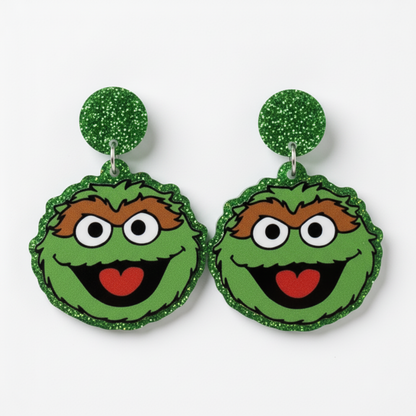 Oscar the Grouch, Sesame Street, Green, Glitter, Unique Earrings
