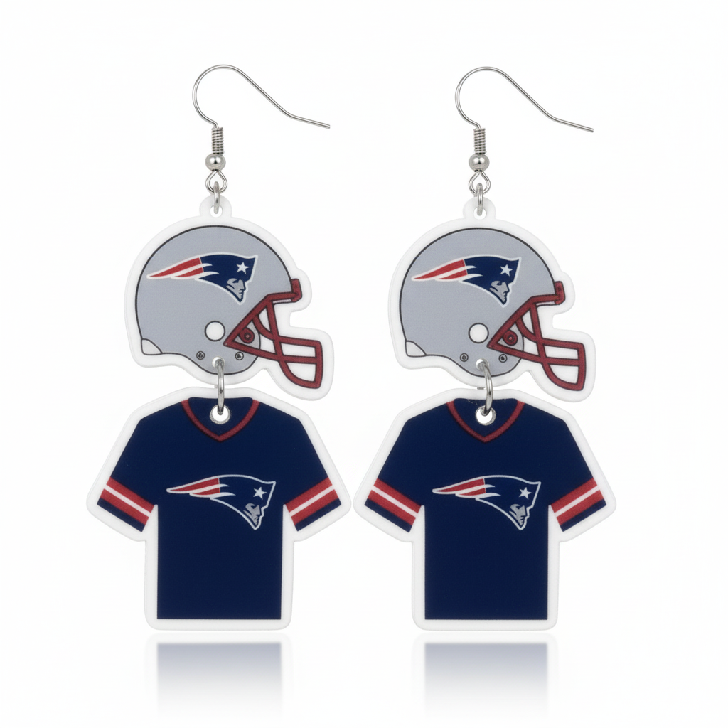 Pair of earrings with football helmet and jersey design on a white background