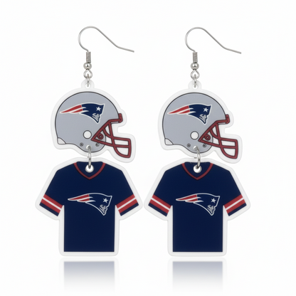 Pair of earrings with football helmet and jersey design on a white background