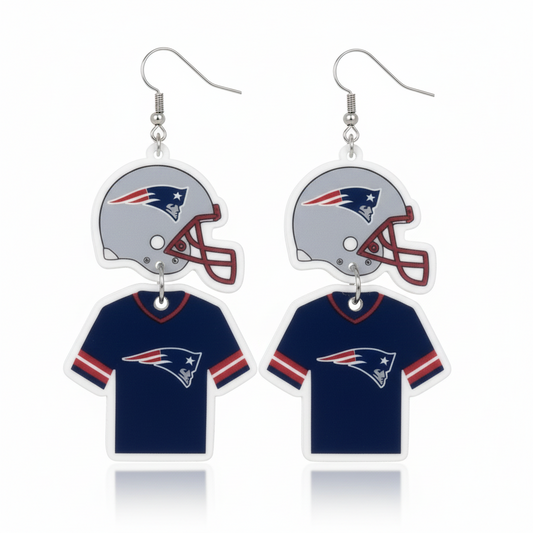 Pair of earrings with football helmet and jersey design on a white background