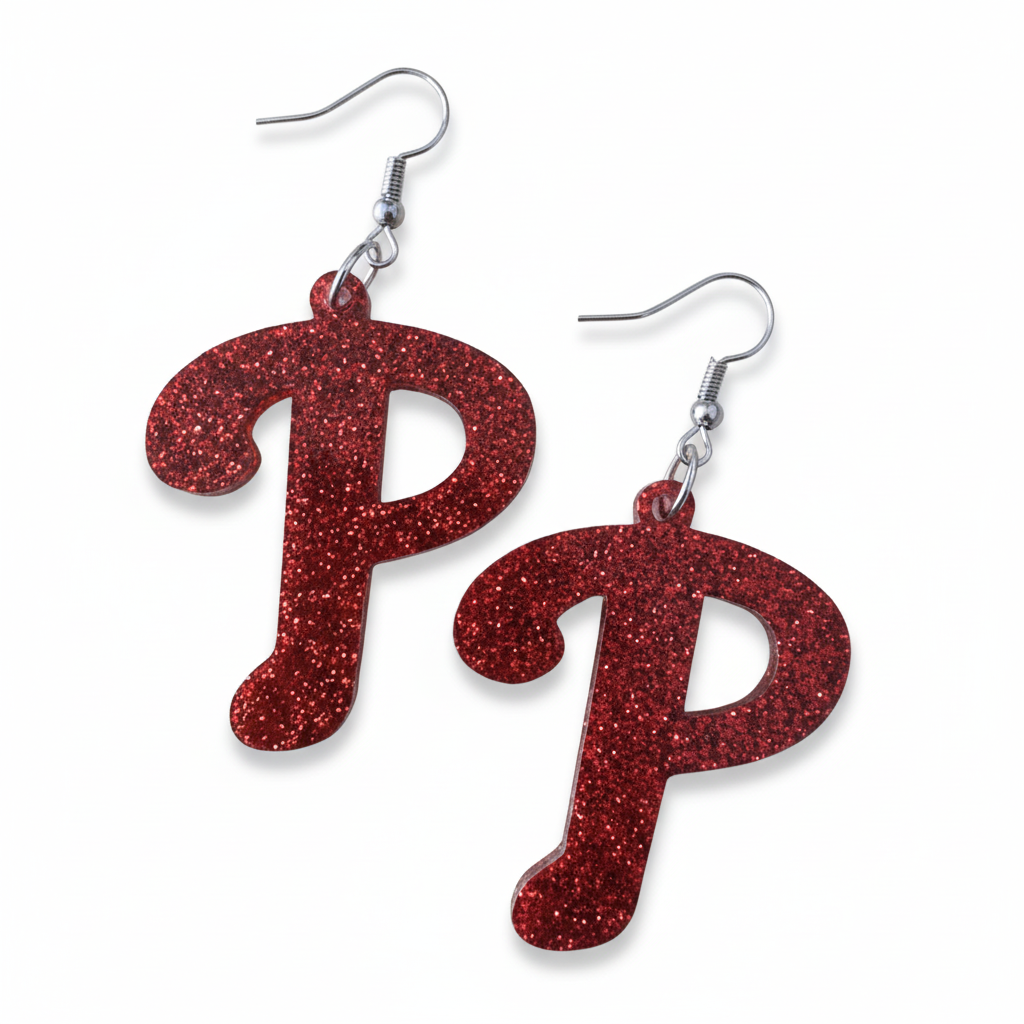  Philadelphia Phillies Red Glitter P logo earrings.