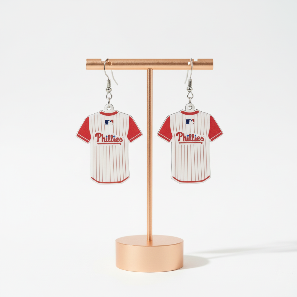 Pair of Philadelphia Phillies baseball jersey earrings on a textured surface