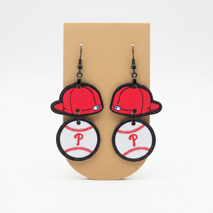 Philadelphia Phillies red cap earrings with dangling baseball charm