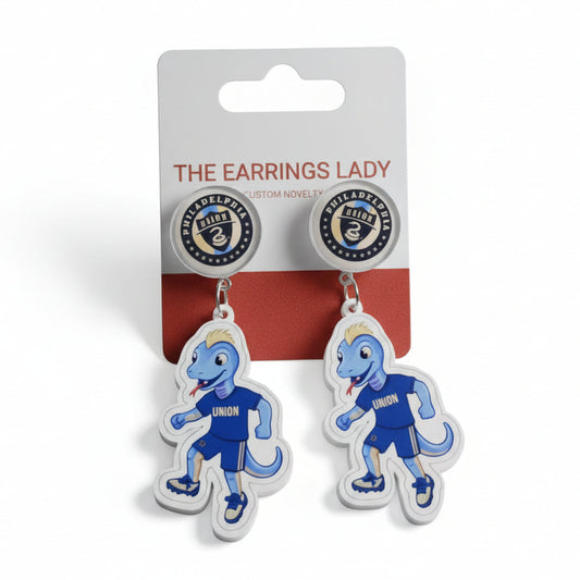 Philadelphia Union soccer Fang Mascot acrylic earrings.