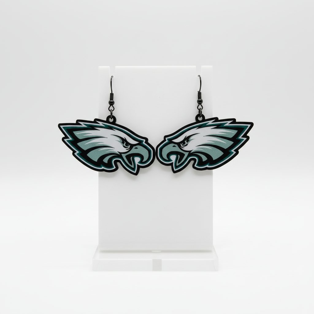 Pair of Eagles logo earrings on a white card with a white background