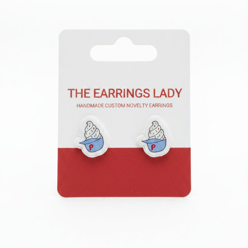 Earrings on a 'The Earrings Lady' branded card on a textured surface