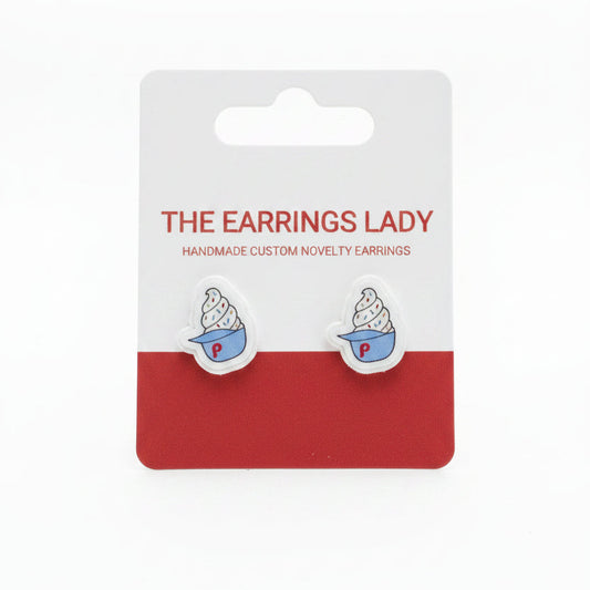Earrings on a 'The Earrings Lady' branded card on a textured surface