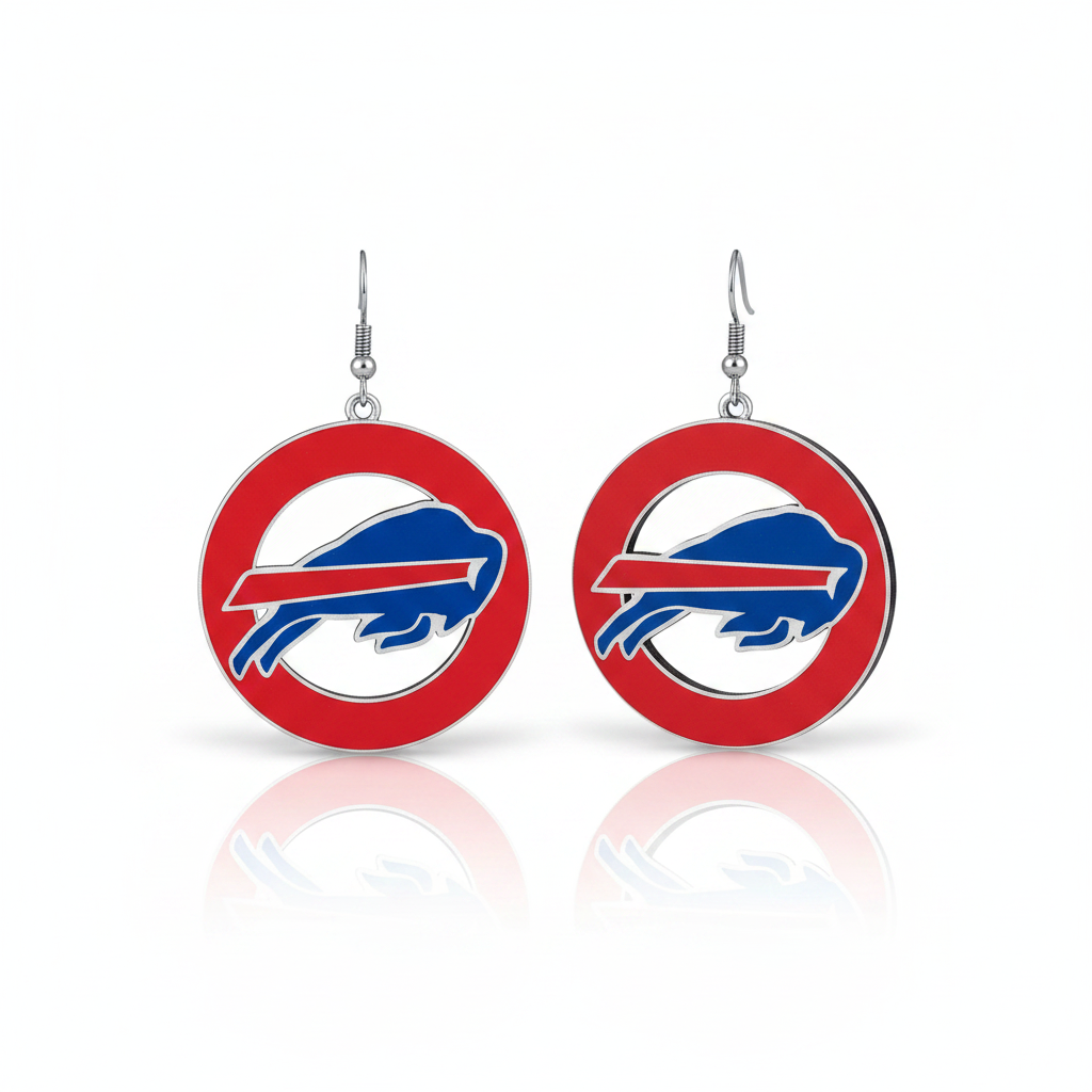 A pair of Buffalo Bills themed circular earrings on a light marble background. The earrings feature a red outer ring, a silver-toned metal hanger, and a cutout center showing the blue and red Buffalo Bills charging buffalo logo.