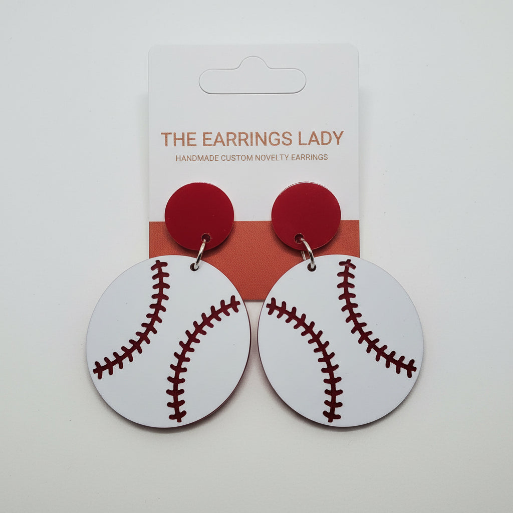 Red acrylic baseball dangle earrings
