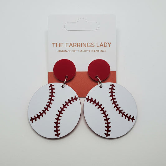 Red acrylic baseball dangle earrings