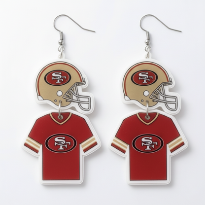 Pair of earrings with San Francisco 49ers logo on a white background