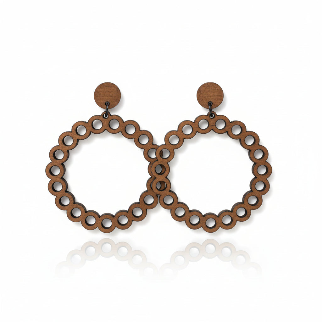 Hand holding a pair of hoop earrings with 'The Earrings Lady' packaging in an indoor setting.