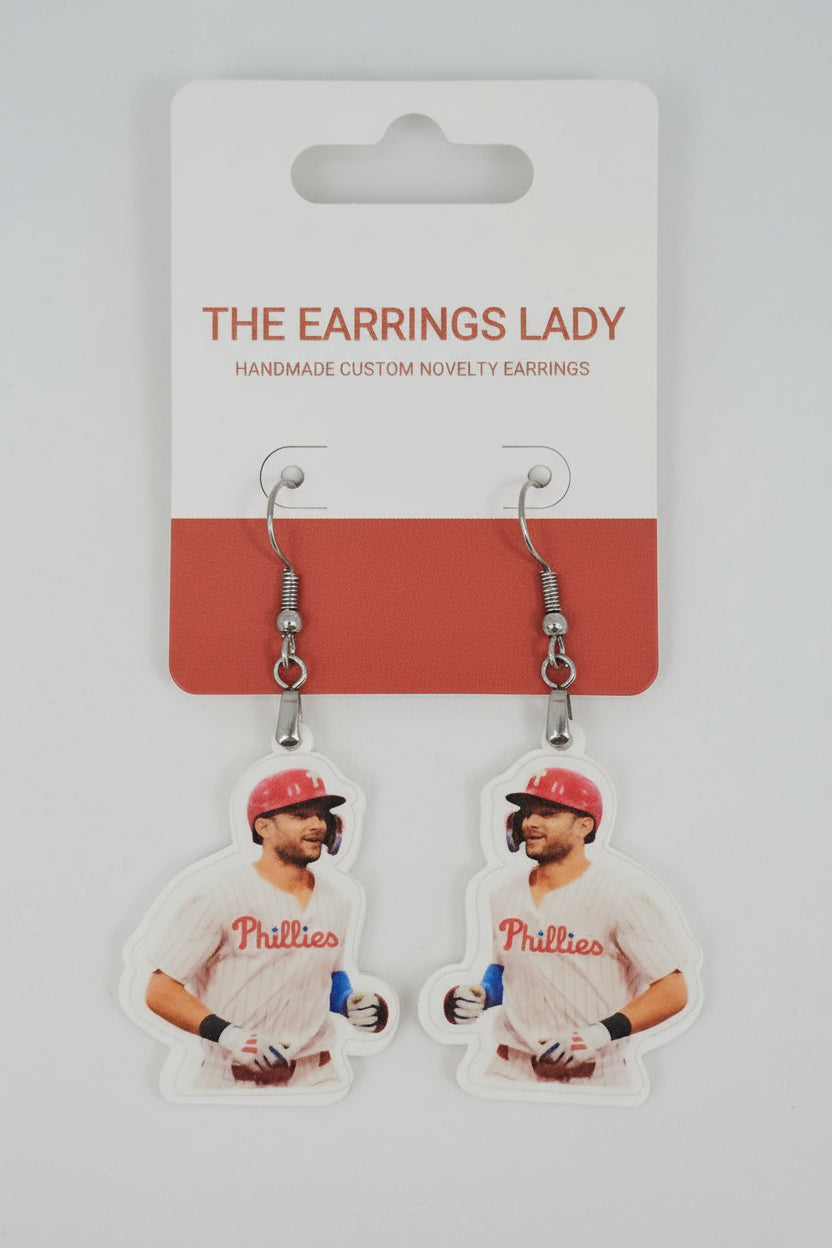 Earrings with a trea Turner baseball player design on a 'The Earrings Lady' 
