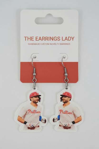 Earrings with a trea Turner baseball player design on a 'The Earrings Lady' 