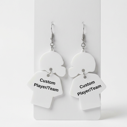 White heart-shaped earrings with 'Custom Player/Team' text on a white background