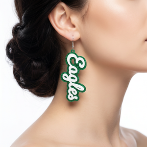 Philadelphia Eagles Glitter Script Dangle Earrings | Green & White Fan Gear