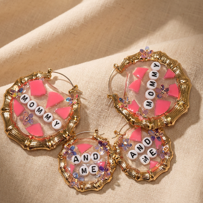 Matching set: Mommy and Me" Bamboo Hoop Earring Set | Matching Mother Daughter Jewelry | Gold Tone & Pink