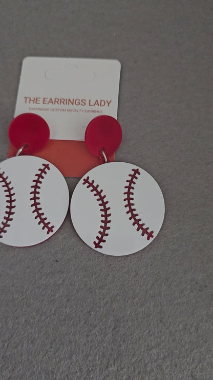 Red Baseball Earrings | Lightweight Laser Cut Acrylic | Sports Dangles