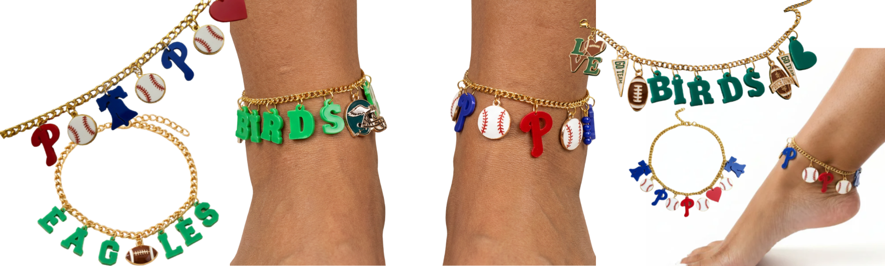 Colorful sports-themed anklets on feet with various charms and lettered bands.